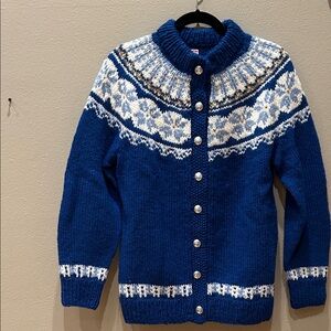 Blue Patterned Hand Knit Women's Sweater